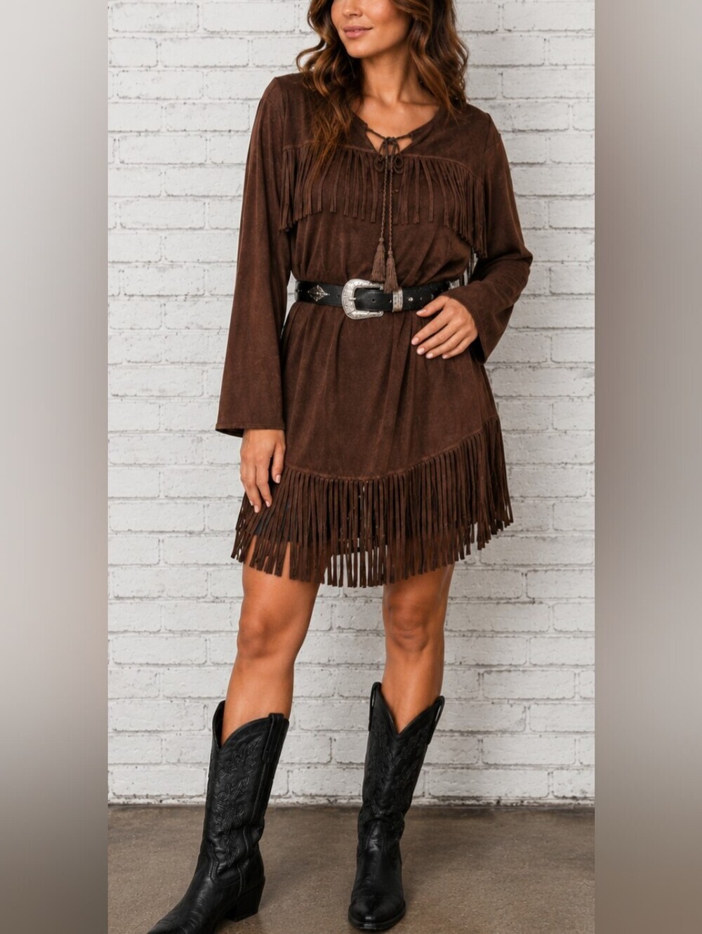 Western Fringe Faux Suede Tunic Dress Brown Boho Cowgirl Festival XL